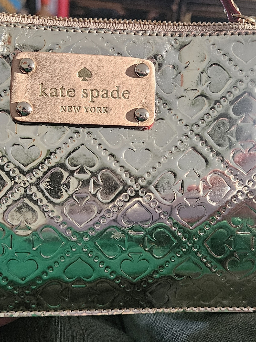 kate spade Metallic Green and Silver Heart-Embossed Wristlet